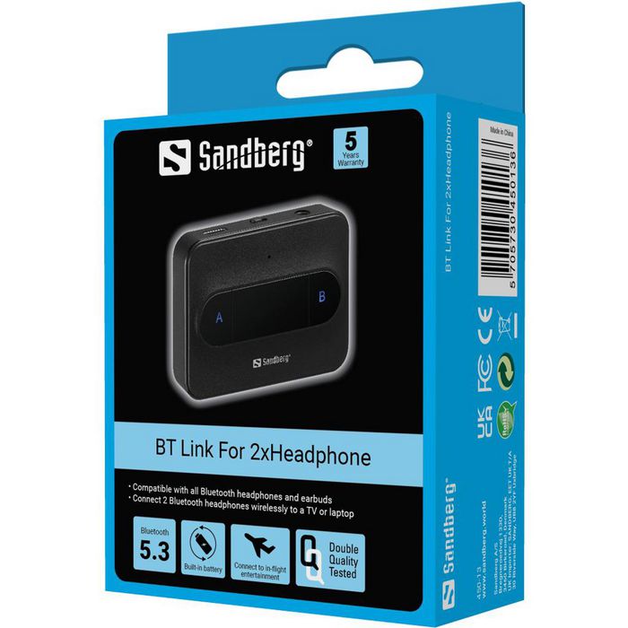 Sandberg BT Link For 2xHeadphone, Conector Bluetooth para 1 o 2 Auriculares Inalámbricos a TV u Ordenador