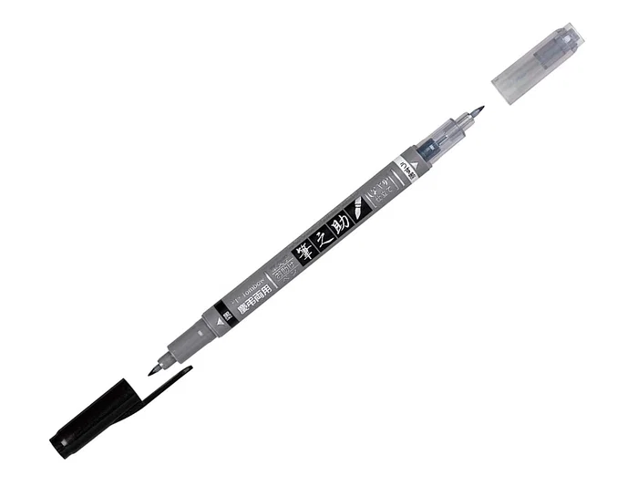 Tombow Rotulador Fudenosuke Doble Punta Blanda Tinta Base Agua Gris/Negro para Caligrafía y Dibujo