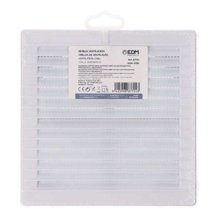Edm Rejilla ventilación cuadrada empotrable ajustable ø 80-150 mm con mosquitera ABS blanca 170x170x11,5mm