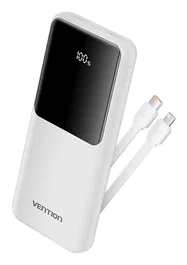 Vention FHOW0 Batería Externa Power Bank 10000 mAh Blanco, Carga Rápida 22.5W, con Pantalla LED, 3 Puertos (USB-C, Micro-USB, USB-A) y Cable USB-C Incluido