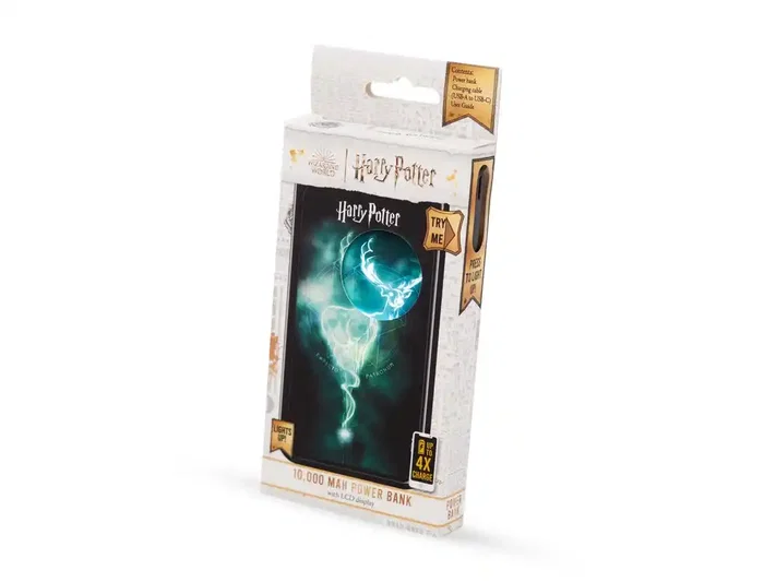Wondee Power Bank Harry Potter Patronus 10000 mAh Cargador Portátil Luminoso con Efecto Luz y LCD para Móvil, 2 Puertos USB-A, Incluye Cable