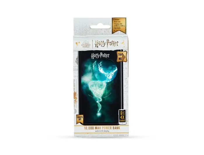 Wondee Power Bank Harry Potter Patronus 10000 mAh Cargador Portátil Luminoso con Efecto Luz y LCD para Móvil, 2 Puertos USB-A, Incluye Cable