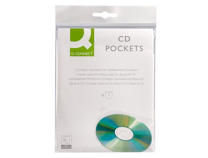Q-connect Funda Autoadhesiva para CD/DVD de Polipropileno Transparente con Solapa - Pack 10 Unidades - Almacenamiento y Conservación de Discos Q-connect Funda Autoadhesiva para CD/DVD de Polipropileno Transparente con Solapa - Pack 10 Unidades - Almacenamiento y Conservación de Discos