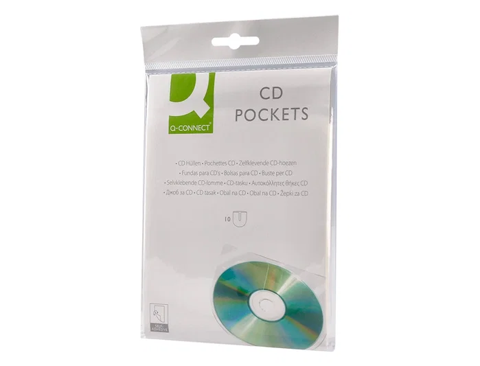Q-connect Funda Autoadhesiva para CD/DVD de Polipropileno Transparente con Solapa - Pack 10 Unidades - Almacenamiento y Conservación de Discos Q-connect Funda Autoadhesiva para CD/DVD de Polipropileno Transparente con Solapa - Pack 10 Unidades - Almacenamiento y Conservación de Discos