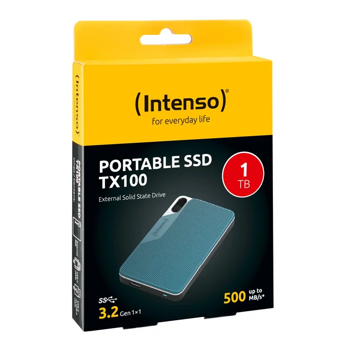 Intenso TX100 - SSD Externo Portátil 1TB, USB Tipo-C 3.2 Gen 1, Velocidad Lectura/Escritura 500 MB/s, Color Azul Gris, Resistente a Golpes