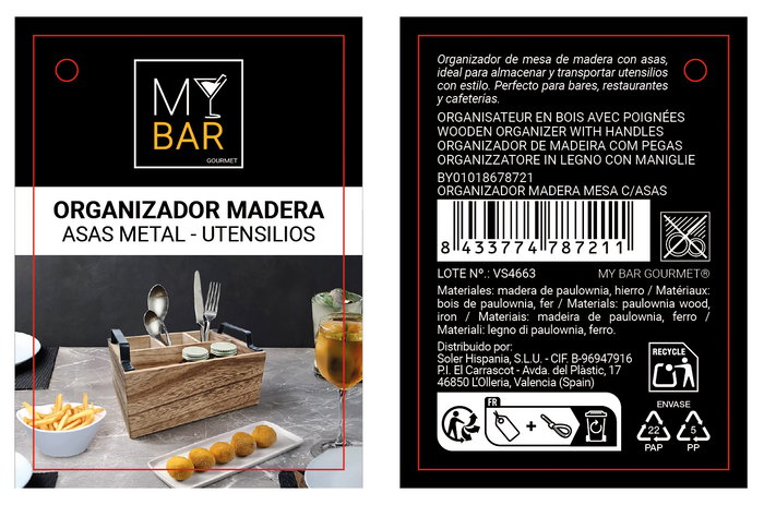 Inde Organizador de Madera para Mesa con Asas | Dimensiones: 23.3 cm Largo x 17.1 cm Ancho x 12.7 cm Alto (8 Unidades)