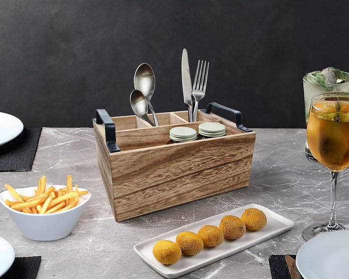 Inde Organizador de Madera para Mesa con Asas | Dimensiones: 23.3 cm Largo x 17.1 cm Ancho x 12.7 cm Alto (8 Unidades)