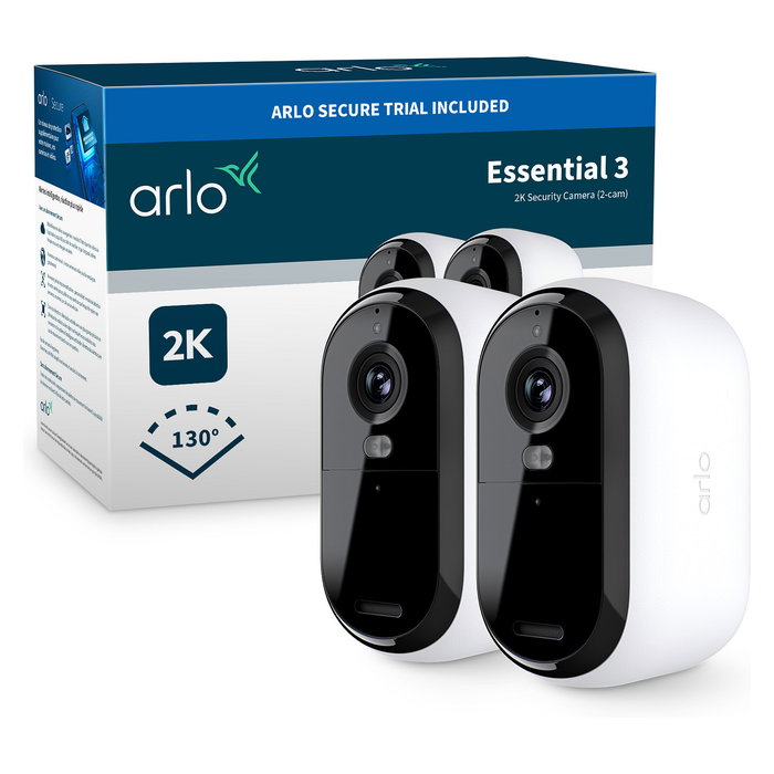 ARLO Essential 3 2K Cámara de Seguridad IP, 2 Unidades, 4 MP, Blanco, Interior/Exterior, WiFi, Alámbrico/Inalámbrico, Conexión PoE/USB, Compatible con Alexa, Google Home, HomeKit