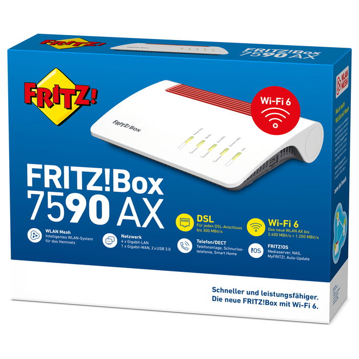AVM FRITZ!Box 7590 AX Router WiFi 6 Gigabit con WiFi Mesh, DECT, Fon, 2.5 Gbit/s, USB 3.0, Compatible con DSL, VDSL, Fibra y Cable - Color Rojo sobre Blanco (20002998)