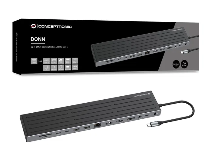 Conceptronic DONN32B Docking Station USB-C 14 en 1, Gris/Plata