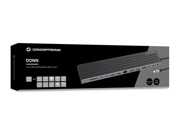 Conceptronic DONN32B Docking Station USB-C 14 en 1, Gris/Plata