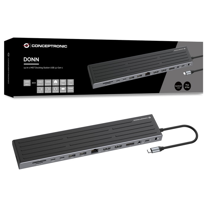 Conceptronic DONN32B Docking Station USB-C 14 en 1, Gris/Plata