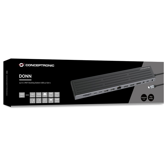 Conceptronic DONN32B Docking Station USB-C 14 en 1, Gris/Plata