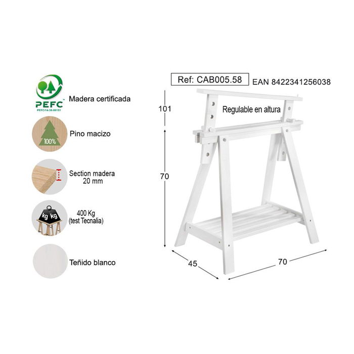 Astigarraga Cab005.58 Caballete Architec Pino Macizo Blanco Regulable 70-101 cm