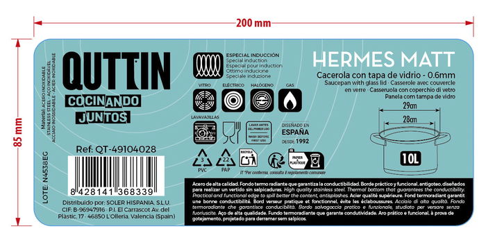 Hermes Matt Cacerola Industrial 28 cm (10 Litros) de Acero Inoxidable con Tapa, Modelo Qt (4 Unidades)