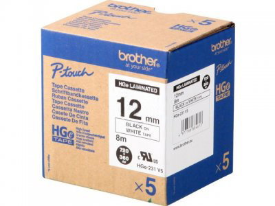 Brother Pack de 5 cintas de etiquetas HGE231V5 de 12 mm x 8 m, blanco/negro