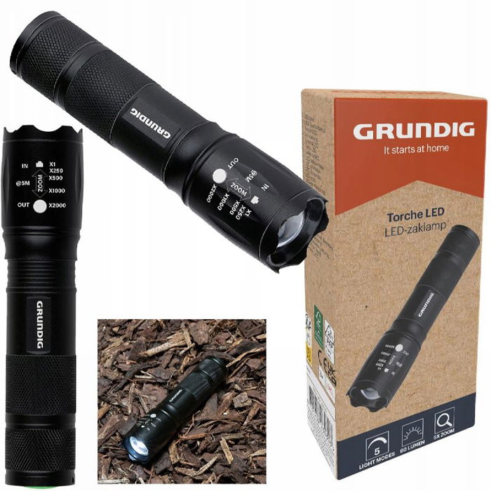 Grundig Linterna LED Recargable con Zoom Ajustable y Larga Autonomía para Acampada, Senderismo y Emergencias