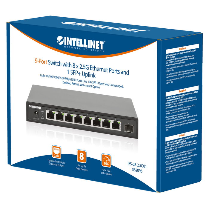 Intellinet 514803 Switch de Red 8 Puertos 2.5G Ethernet RJ45 + 1 SFP+ 10G No Administrado (Unmanaged), Metal, Negro, 60 Gbps