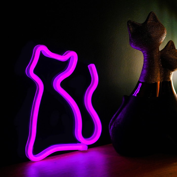 Forever Lámpara de Sobremesa Neon LED Decorativa, Diseño Gato, Color Rosa, Luz Cálida, Alimentación USB/Pilas
