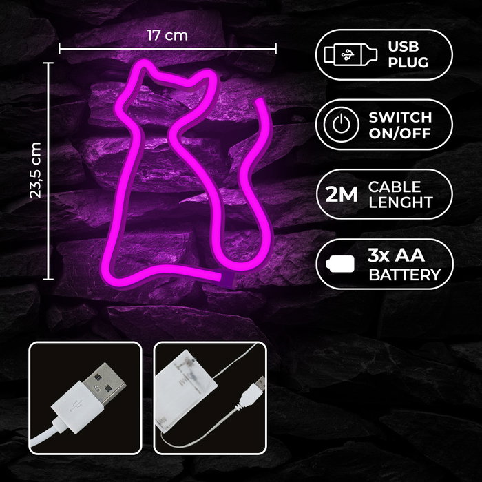 Forever Lámpara de Sobremesa Neon LED Decorativa, Diseño Gato, Color Rosa, Luz Cálida, Alimentación USB/Pilas