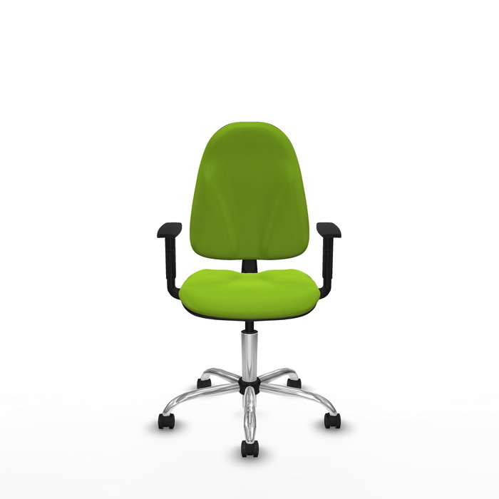 Silla de oficina Algarra con mecanismo Contacto permanente básico tapizada con Similpiel color Pistacho. Equipada con Base cromada, Brazos 1D y Ruedas autofrenantes