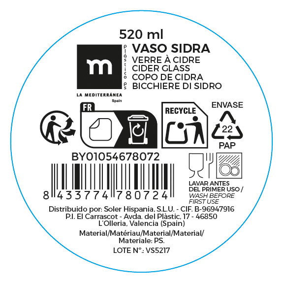 La Mediterranea Vaso Sidra 520Ml 8,7 cm x 12,1 cm x 8,7 cm (12 Unidades)