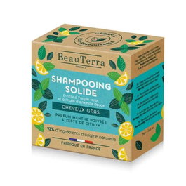 BEAUTERRA SOLIDE Champú Sólido de Menta y Cáscara de Limón 75g - Cabello Graso - Equilibra Sebo, 93% Ingredientes Naturales, Vegano, Cruelty Free
