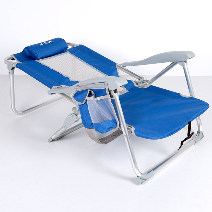 Aktive Silla de playa y tumbona 7 posiciones azul con cojín y bolsillos