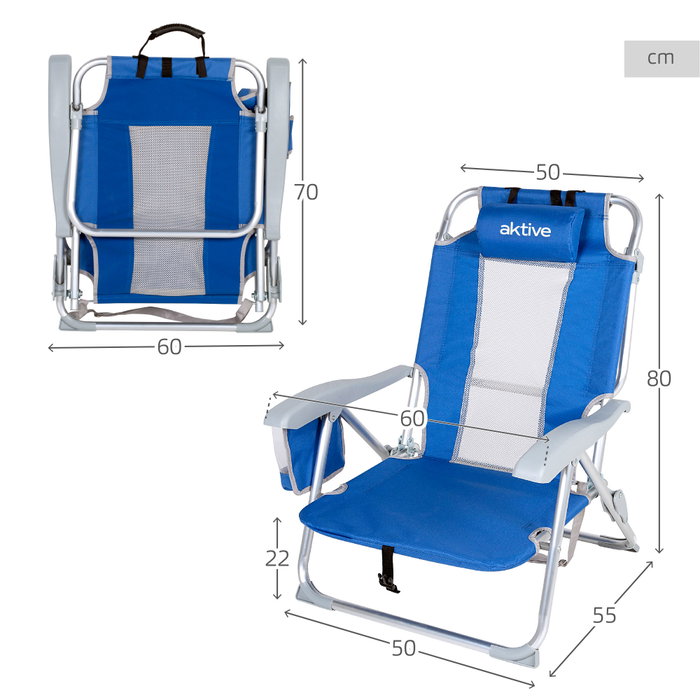 Aktive Silla de playa y tumbona 7 posiciones azul con cojín y bolsillos
