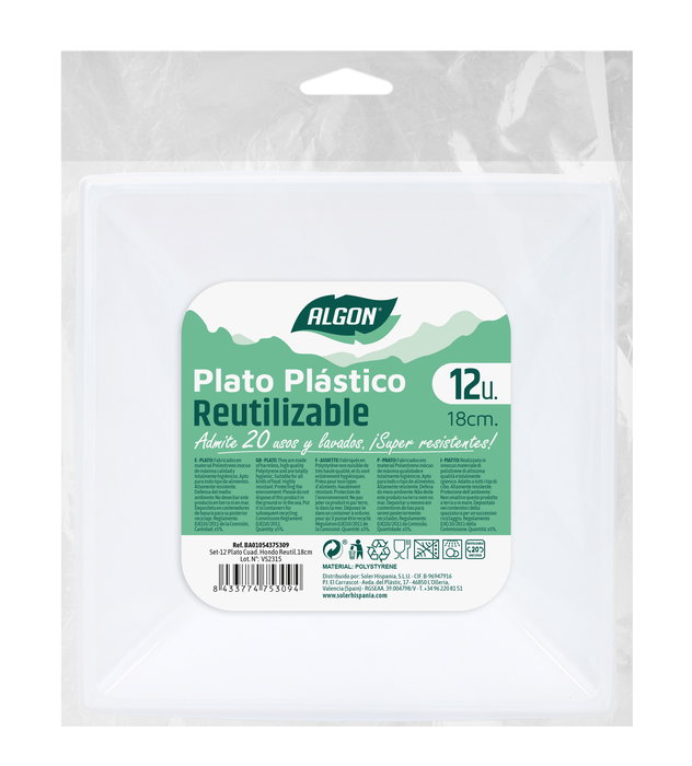 Algon Set 12 Platos Cuadrados Plástico Premium 18 cm (24 Unidades)