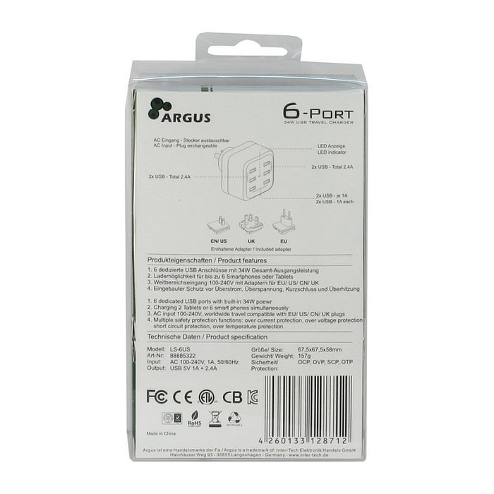 Inter-Tech Argus LS-6US Cargador 80mm USB 5V Inter-Tech Argus LS-6US Cargador 80mm USB 5V