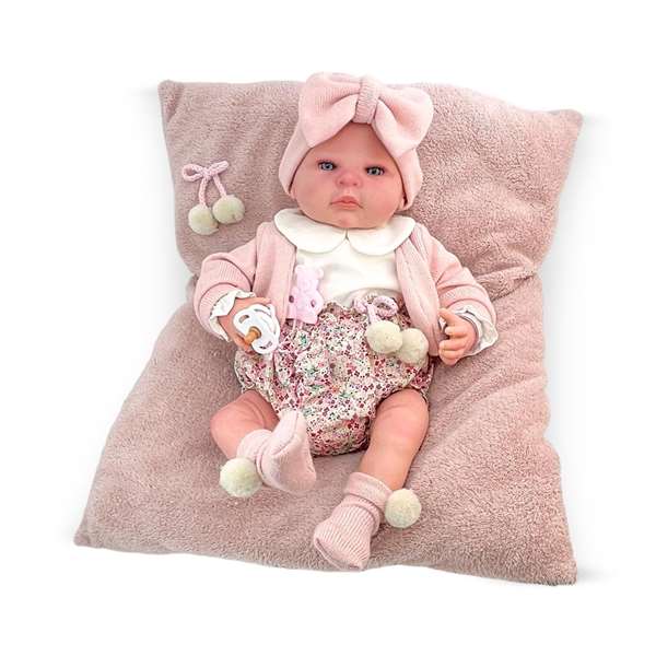 Berjuan Muñeca Reborn Chaqueta Rosa Palo y Pololo Flores Mecanismo Besitos y Almohada Rosa Maquillaje 8501-24 50 cm