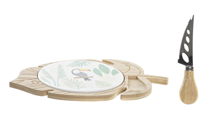 DKD Home Decor Set de 3 Tablas de Aperitivo Tropical en Gres y Bambú de 28x18x3 cm
