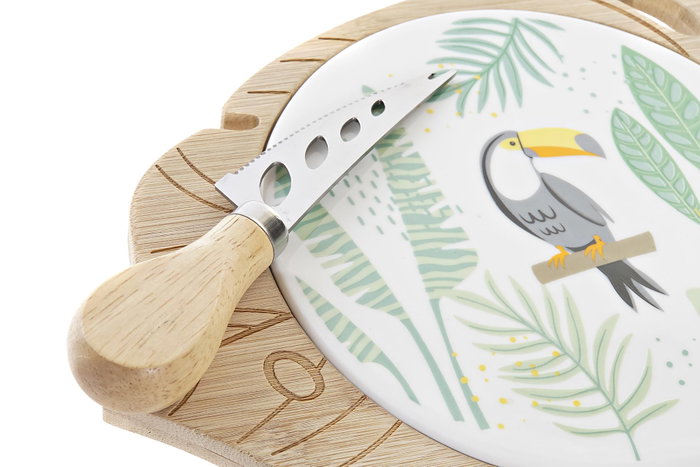 DKD Home Decor Set de 3 Tablas de Aperitivo Tropical en Gres y Bambú de 28x18x3 cm