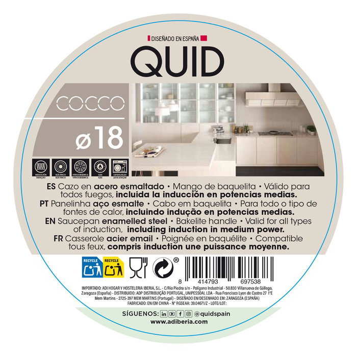 Cazo Acero Esmaltado Cocco Quid 18 cm - 1,4 L (12 Unidades)