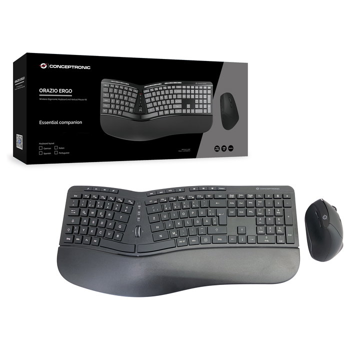 Conceptronic ORAZIO02DE Teclado y Ratón Inalámbricos Ergonómicos QWERTZ Curvo Negro con Diseño Alemán para Oficina