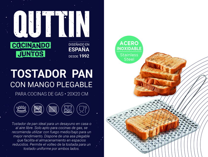 Quttin Tostador de Pan de Acero Inoxidable con Mango Plegable 20 cm x 20 cm x 1.2 cm (12 Unidades)