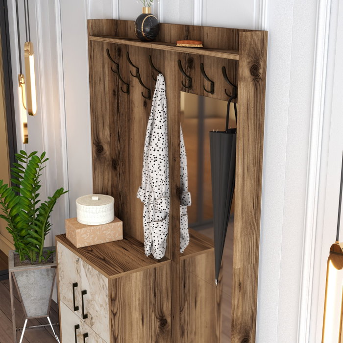 Hanah Home Recibidor Nogal y Blanco Mármol 120x200x35cm con Perchero y Estantes
