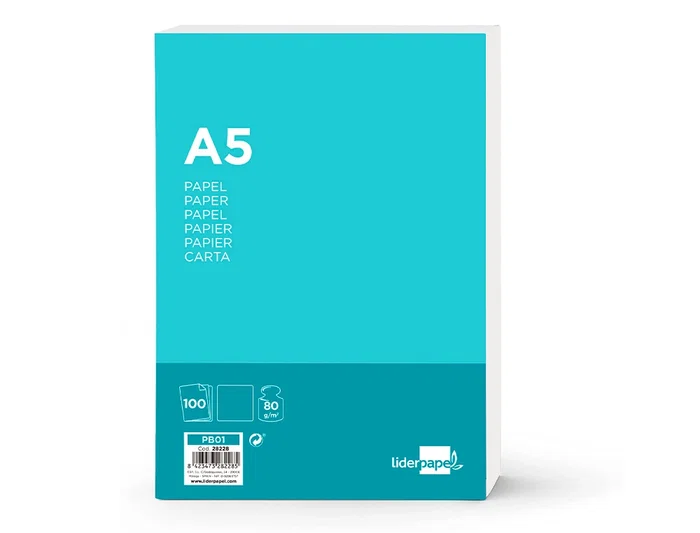 Liderpapel Papel A5 80g/m2 Liso Paquete 100 Hojas Blanco Escritura