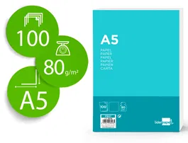 Liderpapel Papel A5 80g/m2 Liso Paquete 100 Hojas Blanco Escritura