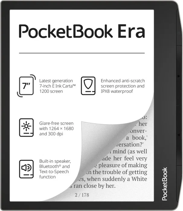PocketBook Era - Lector de eBooks con pantalla táctil de 7 pulgadas (17.8 cm), tecnología E Ink Carta, 16 GB de almacenamiento, resistente al agua, color Plata Stardust/Negro