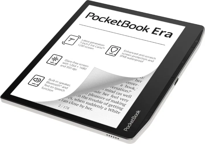 PocketBook Era - Lector de eBooks con pantalla táctil de 7 pulgadas (17.8 cm), tecnología E Ink Carta, 16 GB de almacenamiento, resistente al agua, color Plata Stardust/Negro