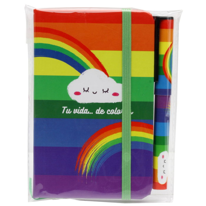 CMP General Libreta con Bolígrafo "Colores" 14x9 cm con Goma Sujeción y Marcador de Páginas, 160 Páginas Blancas