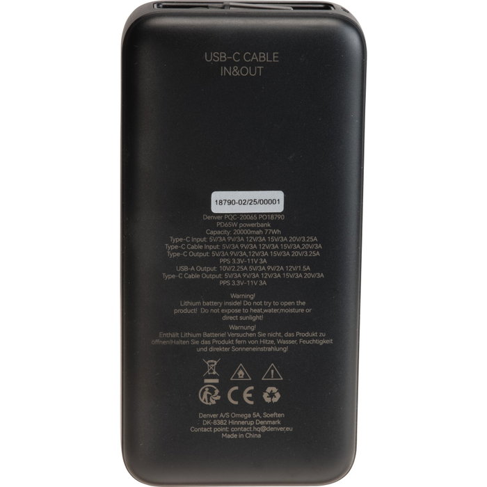 Denver Powerbank PQC-20065 20000mAh PD65W Negro Denver Powerbank PQC-20065 20000mAh PD65W Negro