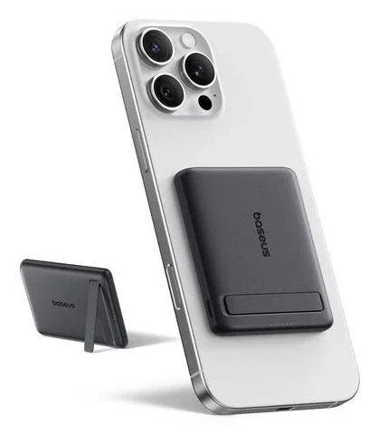 Baseus AM31 QI2 Banco de Energía Magnético Ultra Mini con Soporte 20W 5000mAh Negro Cósmico + Cable Trenzado USB-C a USB-C 30cm Negro