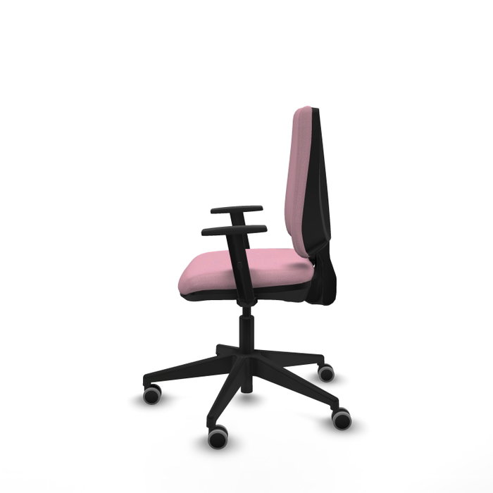 Silla de oficina Elche con mecanismo Contacto permanente básico tapizada con Tela color Rosa. Equipada con Base piramidal negra, Brazos 1D y Ruedas 65 mm parqué