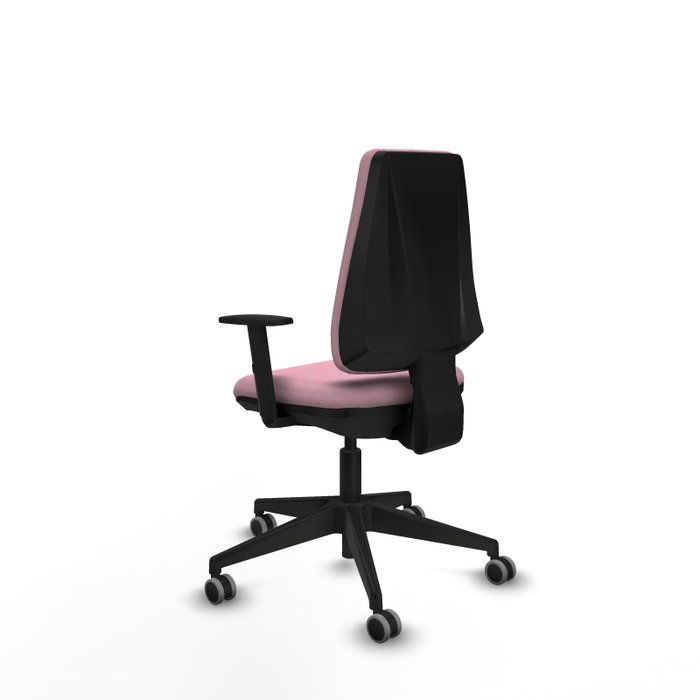 Silla de oficina Elche con mecanismo Contacto permanente básico tapizada con Tela color Rosa. Equipada con Base piramidal negra, Brazos 1D y Ruedas 65 mm parqué