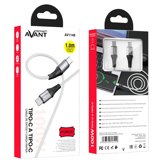 AVANT CONNECT Cable Tipo C a Tipo C 1m, Trenzado, Carga Rápida 100W 5A PD, Force Edition