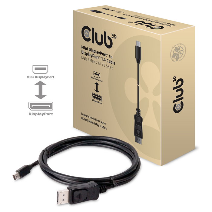 Club 3D Cable Adaptador Mini DisplayPort a DisplayPort 1.4 HBR3, 2m, 8K a 60Hz, 7680x4320, 32.4 Gbit/s, Macho a Macho