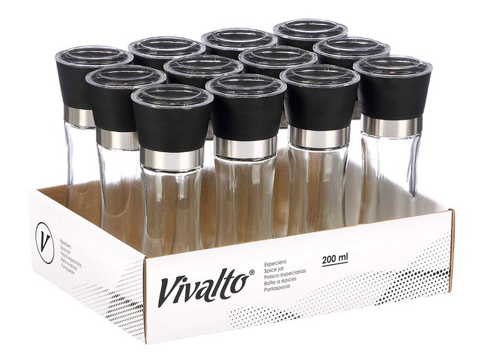 Vivalto Especiro Vidrio 200 ml con Tapa Negra y Transparente, Materiales Vidrio/Plastico/Metal, Dimensiones 6.5 x 19 x 6.5 cm (Set de 24)